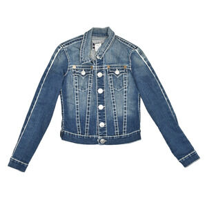 True Religion Women's Denim Jean Jacket Distressed Blue Regular Size M